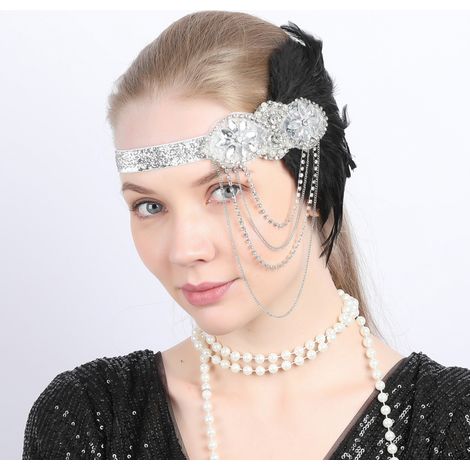 Headband Années 1920 - Plume Noire Cristaux Perlés - Accessoire Cheveux Thème Great Gatsby - Taille Unique (1/5)