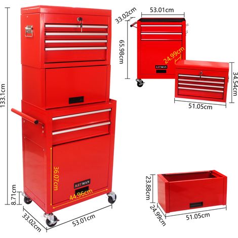 6-Schubladen Werkzeugschrank, abschließbar, mit Rollen, 2-in-1-System, Stahl, Rot HAVRYA (1/5)
