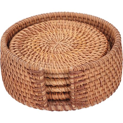 Lot de 5 dessous de verre en rotin tressé à la main Ø10cm déco champêtre multifonction pour tasses assiettes thé chaleur salon salle à manger cuisine (1/5)