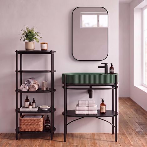 Meuble simple vasque sur pieds 80cm en métal noir et vasque béton et robinet noir, miroir et colonne (1/5)