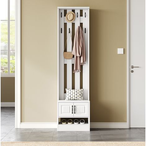 Panca porta scarpe da ingresso in truciolare bianco con 2 ante e 8 ganci 50 x 36 x 190 cm (1/5)