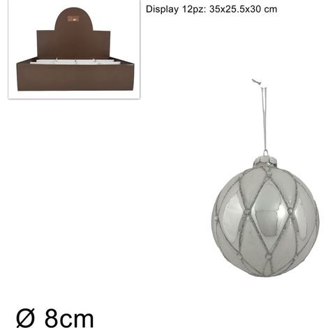 PALLA VETRO DIAMETRO 8 CM ROMBI CON DIAMANTI ARGENTO