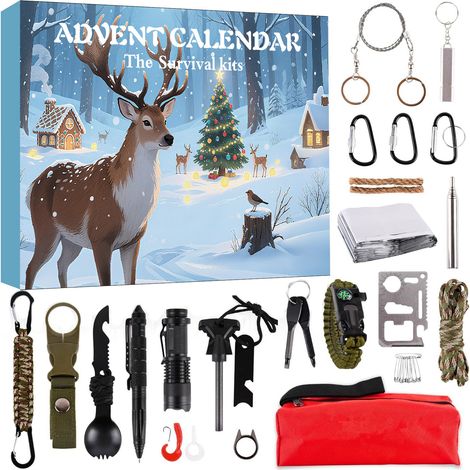 Calendrier de l’Avent kit de survie, coffret surprise 24 jours Noël, outils tactiques extérieurs pour camping randonnée, boîte mystère accessoires urgence, cadeau original pour aventuriers et amateurs (1/4)