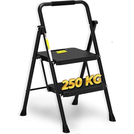 HYTAMA Scala Scaletta Sgabello Pieghevole "BLACK MAX" Salvaspazio con Gradini Antiscivolo e Impugnatura Soft in Gomma per Sicurezza Portata max150kg (2 GRADINI) 2 GRADINI