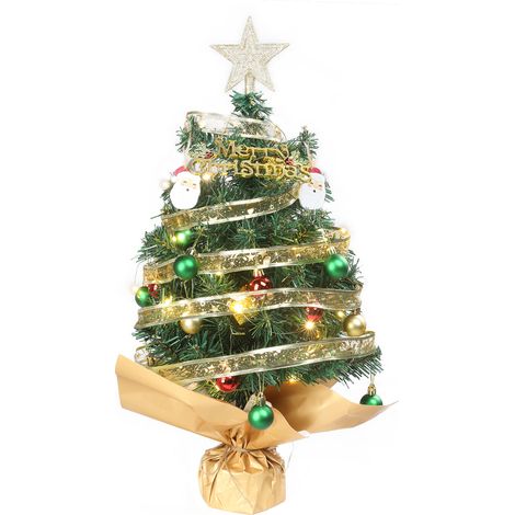 24 Zoll beleuchteter künstlicher Mini-Weihnachtsbaum, kleiner Weihnachtsbaum für den Tisch mit Ornamenten und 30 warmen Lichtern, batteriebetrieben und mit Papier umwickelter Unterlage für die Weihnac (1/5)