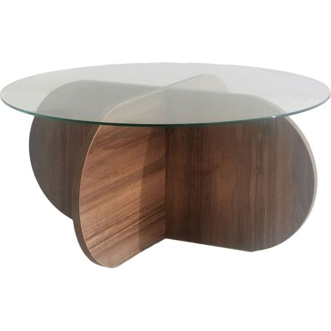Cotecosy – Table basse fixe en bois mélaminé noyer 75x75x35 cm – Surface en verre trempé – Design contemporain pour petits espaces