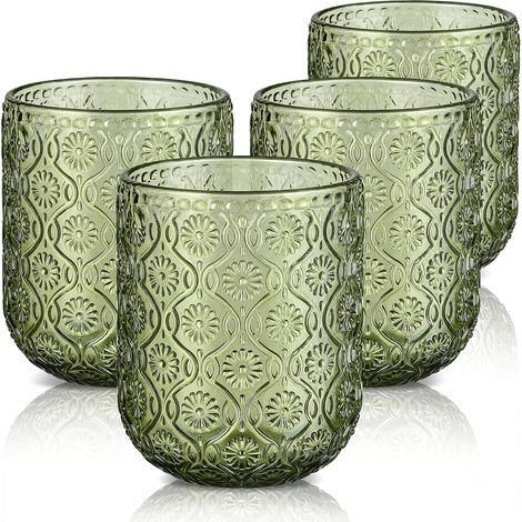 Set of 4 Green Glass Water Glasses, 260 ml Juice and Soda Glasses, Vintage Embossed Floral Design Drinking Glasses, Table Glass for Sparkling Water, Aperitif and Beer, Dishwasher Safe (1/5)