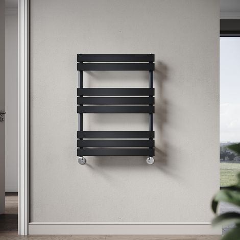 Elegant 800 x 600mm Heated Towel Rail Black Modern Bathroom Radiator, Flat Panel Design ,Central Heating Towel Warmers, Exclude Valves (1/5)