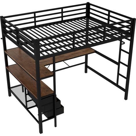 Cama alta 140 x 200 cm con escritorio, LED, enchufes USB, 3 cajones, estantes y escalera, negra (1/5)