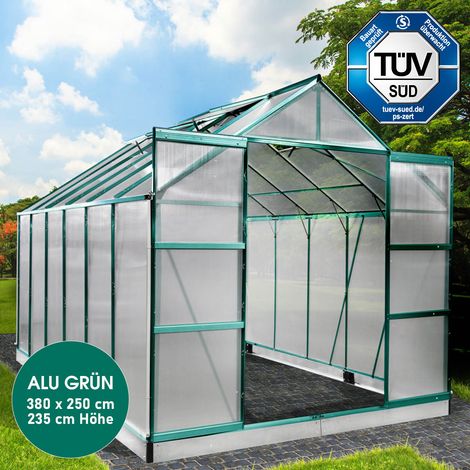 BRAST Gewächshaus Aluminium mit Fundament rostfrei TÜV geprüft 6mm Platten 380x250x235cm Grün