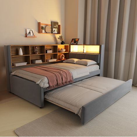 Divano letto in flanella grigio scuro 90x200 cm con letto estraibile 90x190 cm, LED, prese di ricarica e vani contenitore (1/5)