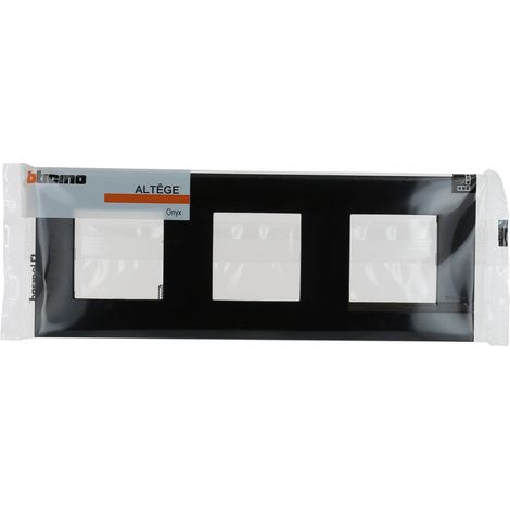 Bticino - Plaque Altège Déco 3 postes Onyx - Noir brillant avec liseré bois foncé (1/5)