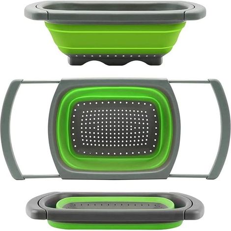 Filtre Pliable, Passoire de Cuisine avec Poignée Extensible, Grille de Séchage Pliable pour Évier en Silicone pour les Pâtes, les Légumes, les Tartes et les Fruits Vert (1/4)