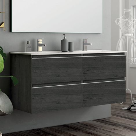 Meuble de salle de bain 120cm double vasque - 4 tiroirs - sans miroir - ebony (bois noir) - BALEA (1/4)