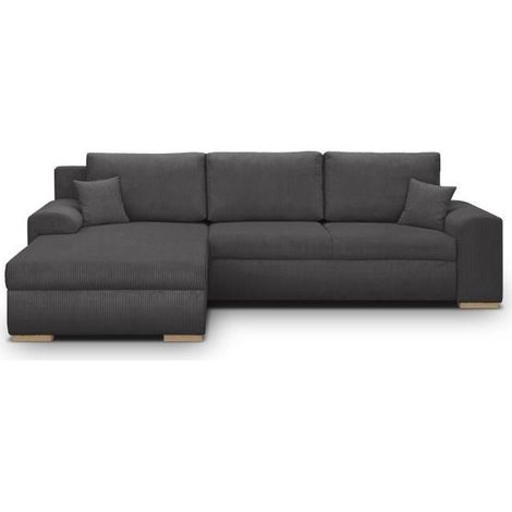 Canapé d'angle convertible 5 places – Tissu velours côtelé gris foncé – Coffre de rangement – Structure en pin massif – Confort optimal (1/5)