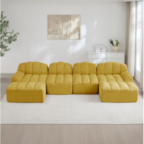 FloraGrace Sofa modulable 4 places, forme en U, granule de fleece, jaune, sans montage, pour salon (1/5)