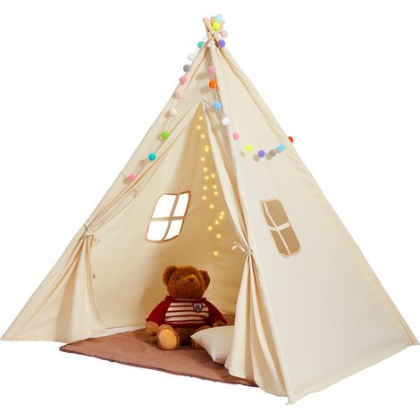 Tente de jeu pour enfants, tente tipi enfants 1-5 ans, tente pour enfants avec tapis et balles décoratives en peluche, avec fenêtres pour intérieur et extérieur, pour garçons et filles, beige (1/5)
