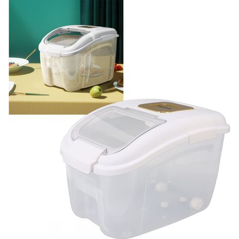 Seau à farine double paroi étanche à l'humidité avec ouverture inclinée et couvercle à charnière, boîte de rangement pour riz avec roulettes, seau à grains de grande capacité, seau à riz ménager, blan (1/5)