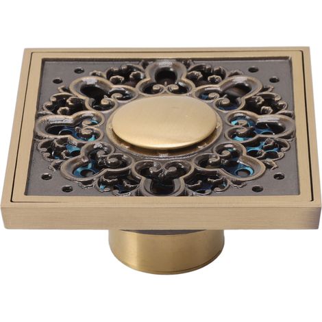 Siphon de sol métallique carré style rétro avec filtre pour douche et évacuation d'eau dans la salle de bain. (1/5)