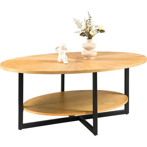 Padma House Massivholz Couchtisch rund für 2 Etagen, Ovaler Couchtisch im Modern-vintage Stil, Massivholzplatte & Kreuzförmige Eisenbeine, Kaffeetisch, Wohnzimmertisch, 110 x 66 x 45.5 cm, einfache Mo (1/5)