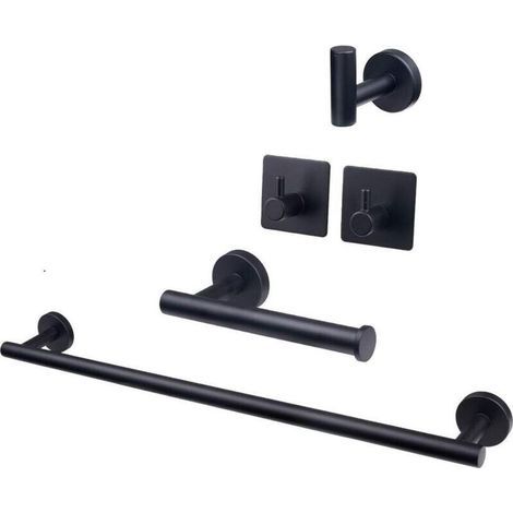 5-teiliges Badezimmer-Hardware-Set aus Edelstahl SUS304 – Handtuchhalter-Set inklusive verlängerter Handtuchstange, Toilettenpapierhalter und 3 Bademantel-Handtuchhaltern (Matt Schwarz, 40,6 cm) (1/5)