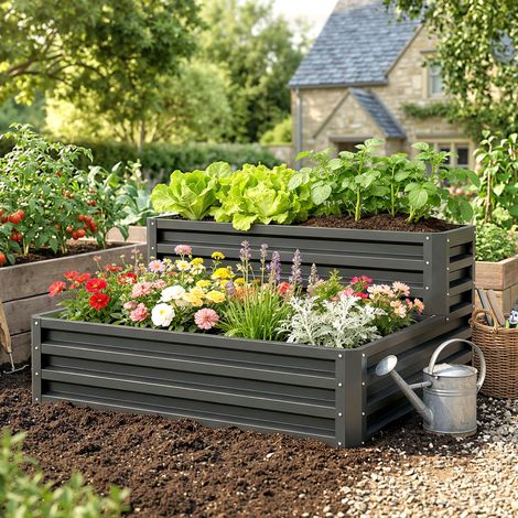 Carré Potager 2 Étages Fond Ouvert - 120x101x58cm - Gris Foncé (Herbes/Légumes/Fleurs)