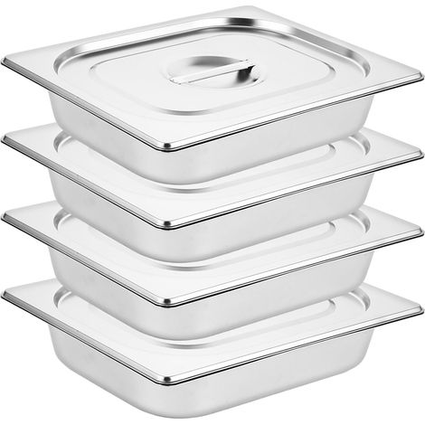 Lot de 4 Plat Inox avec Couvercle, GN 1/2 Bac Inox avec Couvercle, 32,5 x 26,5 x 6,5 cm Bac Alimentaire Inox pour des Fours à Convection, des Chafing Dishes, des Réfrigérateurs (1/5)