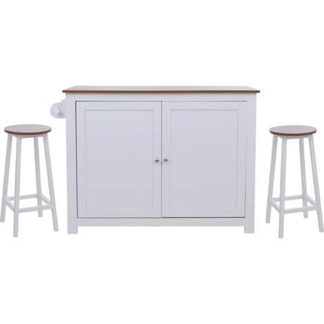 Îlot de cuisine avec 2 tabourets placard de rangement et espaces de stockage 90x120x45 cm blanc et bois clair 040008783 (1/5)