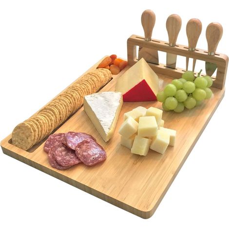 Kitchen Planche à Fromages - Bambou élégant en Bois - avec Ensemble Couteau et Fourchette - Planche à Charcuterie pour Apéritif - Cadeau de Noël（35.5281.5cm）