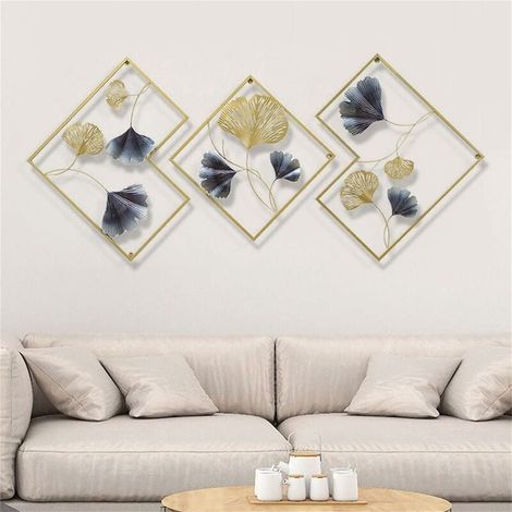 Lot de 3 décorations murales en métal - Feuille de ginkgo - Décoration murale en fer forgé - Décoration murale dorée pour jardin, salon, chambre à coucher, salle à manger (1/5)