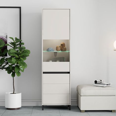 Vitrina Ovodda, Mueble Expositor 4 Estantes, 2 Puertas, con Patas, Puerta y Estante Detalle Vidrio, 55x40x193h cm Blanco Crema (1/5)