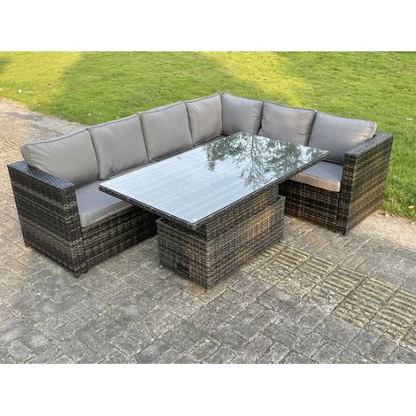 Fimous 6 Seater Rattan Corner Sofa Set Rising Adjustable Dining Table Set With Seat And Back Cushion (1/4)