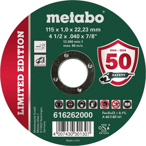 Metabo Limited Edition Soccer 616258000 Disque à tronçonner 115 mm 1 pc(s) acier inoxydable, acier