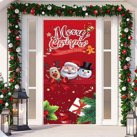Décorations de Noël avec cloches, nœuds, flocons de neige, Père Noël, banderole « Joyeux Noël » - 90 x 180 cm (perforée + ruban) - 8