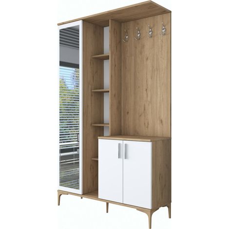 Ensemble armoire de rangement et porte manteau avec miroir Rossy L120cm en bois Chêne clair et Blanc (1/5)