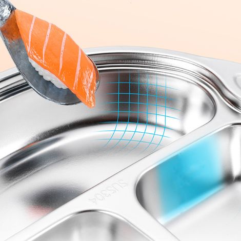 Assiette compartimentée de qualité alimentaire pour la maternelle, assiette compartimentée anti-chute à motifs pour bébé, assiette de service en acier inoxydable 304 pour la cuisine, poussette en acie (1/5)
