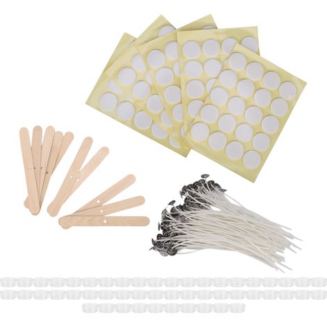 100 pièces mèches bougie 15cm avec autocollants double face, 50 coquilles bougie et 10 supports mèches bois (autocollant jaune rond plastique)
