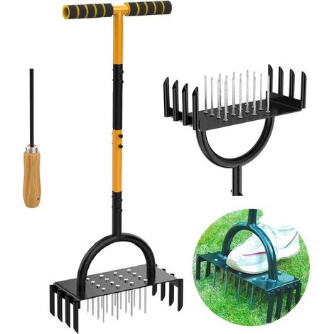 Aérateur à gazon manuel 2-en-1 avec 16 pointes et 8 carottes, poignée ergonomique et structure robuste, pour Entretien Jardin/Cour (1/5)
