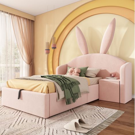 Lit enfant 90/200 cm rose en velours avec table de chevet réversible et rangement (1/5)