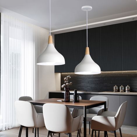 2X Lampada a Sospensione, Lampadario a Soffitto con Ø20cm Paralume Cupolo in Legno, Moderna Illuminazione con E27 Supporto per Soggiorno Camera da Letto Sala da Pranzo (Bianco)