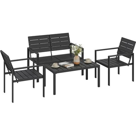 4 Piece Garden Furniture Set, Outdoor Sofa Set with HDPE Slatted Loveseat Armchairs Coffee Table Metal Frame, Black