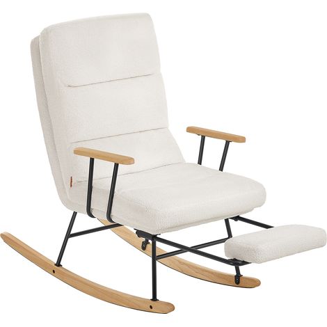 Fauteuil à bascule en bois d'hévéa – Dossier réglable 4 positions – Tissu peluche blanc crème – Supporte jusqu'à 160 kg – Dimensions 97 x 67 x 100 cm (1/5)