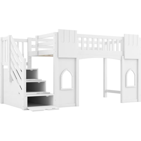 Letto a soppalco 90 x 200 cm con scala contenitore e finestre, bianco (1/5)