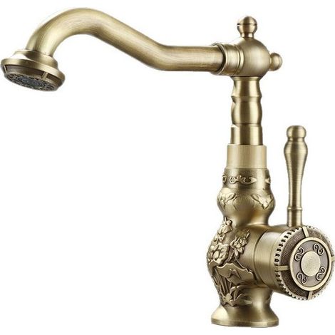 Robinet de Cuisine et Lavabo en Laiton Antique - Robinet Mélangeur Eau Chaude/Froide à Haute Incurvation avec Bec Orientable et Anti-éclaboussures - Design Rétro Vintage pour Évier de Cuisine et Vasqu (1/5)