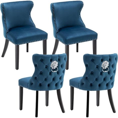 Esszimmerstühle 4er Set Samt Blau mit Holzbeinen und Ziernieten (1/5)