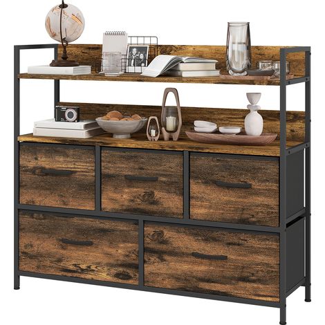 Cassettiera portaoggetti 98 x 29 x 85 cm 5 cassetti pieghevoli piedi regolabili effetto legno industriale rustico in poliestere marrone 210001600
