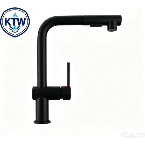 KTW‑zugelassene Küchenarmatur Ausziehbar 360°Drehbar Hochdruck‑Mischbatterie L‑Form Wasserhahn Zink‑Messing Matt Schwarz (1/4)
