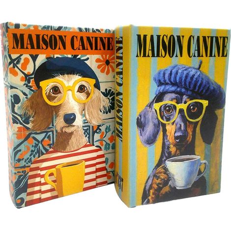 Set de 2 cajas libro de madera perro con gafas naranja 17 cm (1/5)