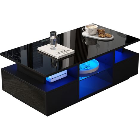 ELVMI Couchtisch mit 2 Schubladen, Offenen Glasablagen und LED, Spanplatte, 100 x 50 x 36 cm, Schwarz (1/5)