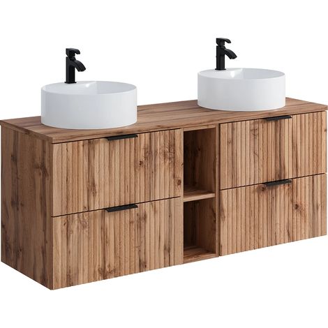 Meuble de salle de bain suspendu strié avec niches et double vasque à poser ronde - Naturel clair - L140 cm - ZEVARA